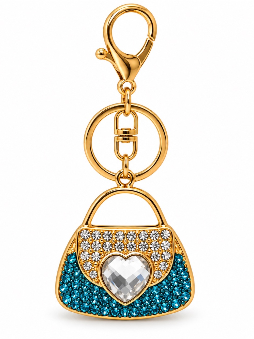 Blue Rhinestone Handbag Keychain Gold Tone Heart Crystal Purse Bag Charm NEW